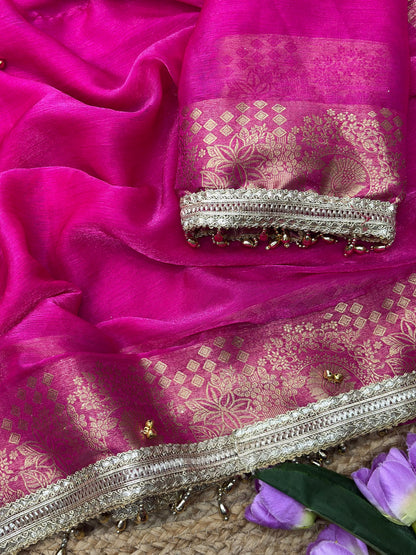 Traditional Rani Pink Sattin chiffon silk Banarasi Zari Saree with Ghunghru Work
