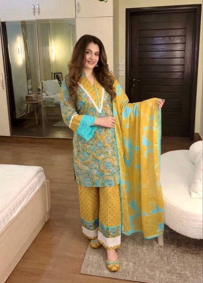 Designer Party Wear Look Pur Printed Cambric Cotton Top & Farshi Palazzo With Dupatta set