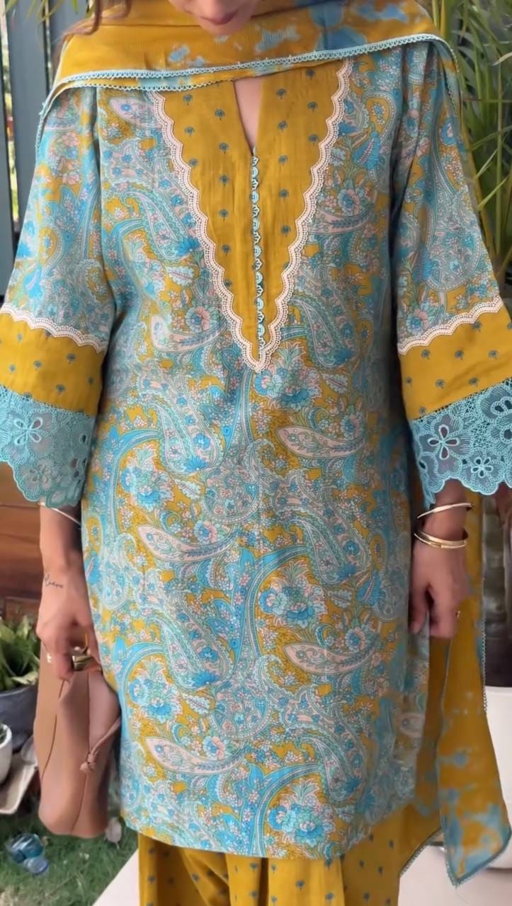 Designer Party Wear Look Pur Printed Cambric Cotton Top & Farshi Palazzo With Dupatta set