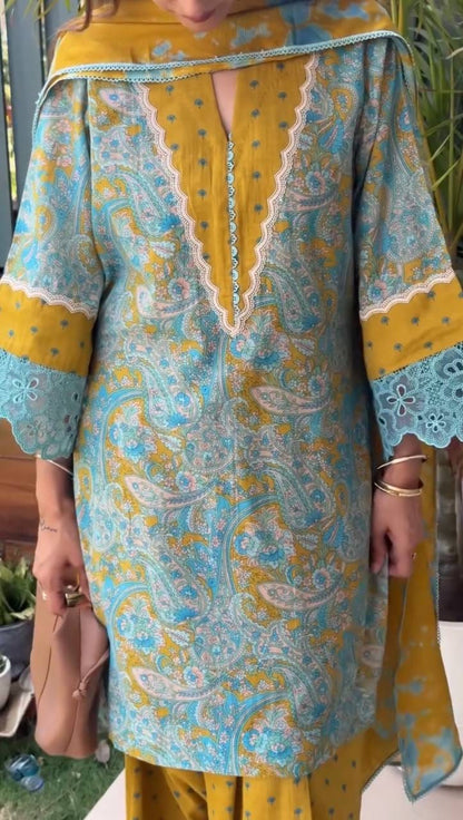 Designer Party Wear Look Pur Printed Cambric Cotton Top & Farshi Palazzo With Dupatta set