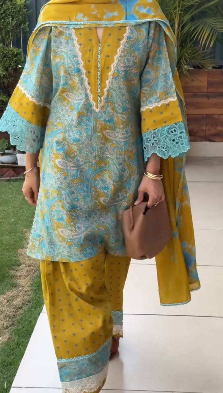 Designer Party Wear Look Pur Printed Cambric Cotton Top & Farshi Palazzo With Dupatta set