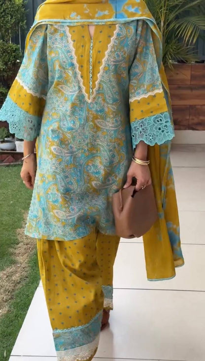 Designer Party Wear Look Pur Printed Cambric Cotton Top & Farshi Palazzo With Dupatta set