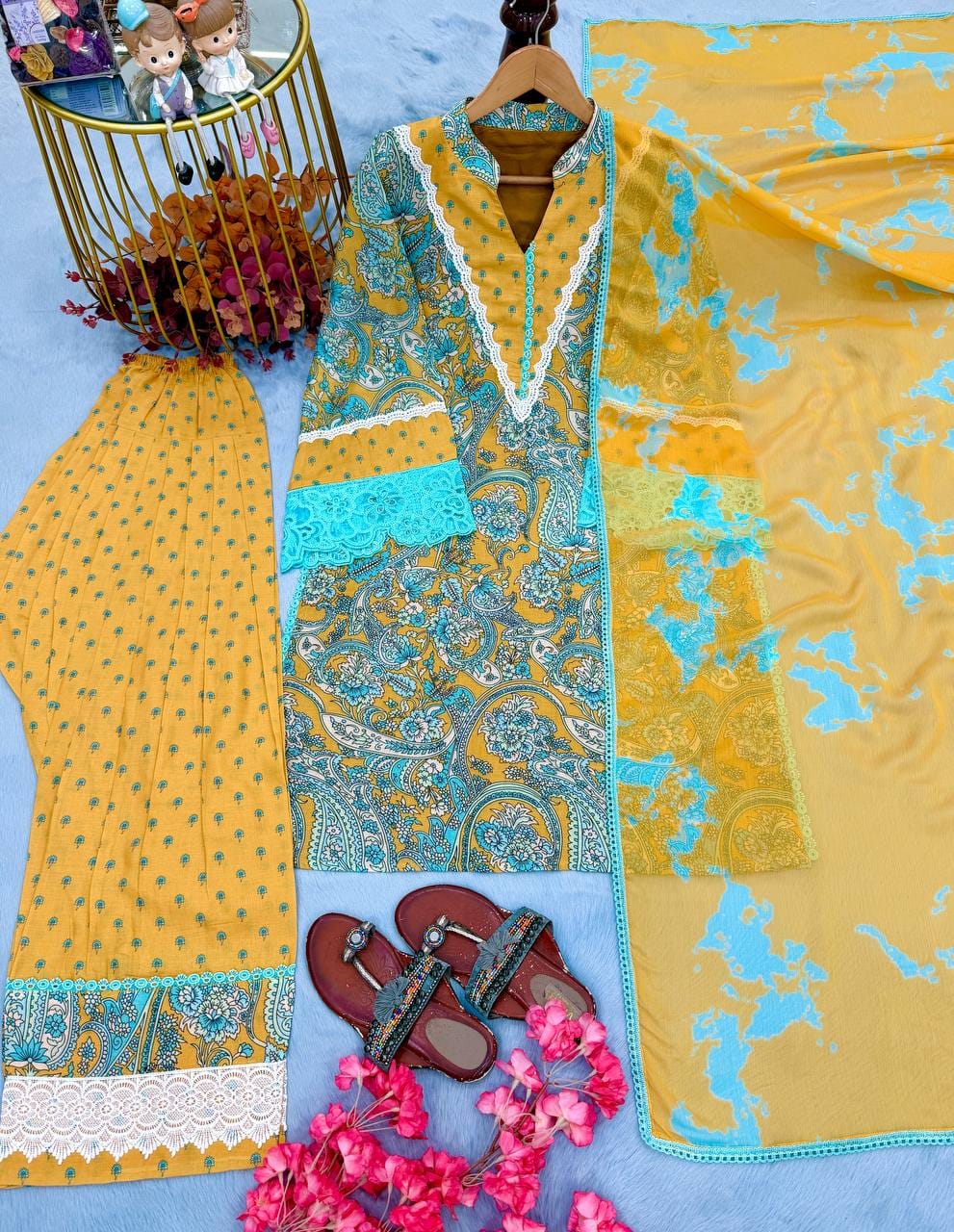 Designer Party Wear Look Pur Printed Cambric Cotton Top & Farshi Palazzo With Dupatta set
