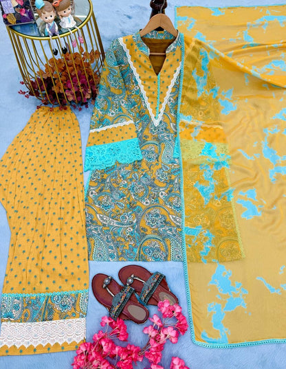 Designer Party Wear Look Pur Printed Cambric Cotton Top & Farshi Palazzo With Dupatta set