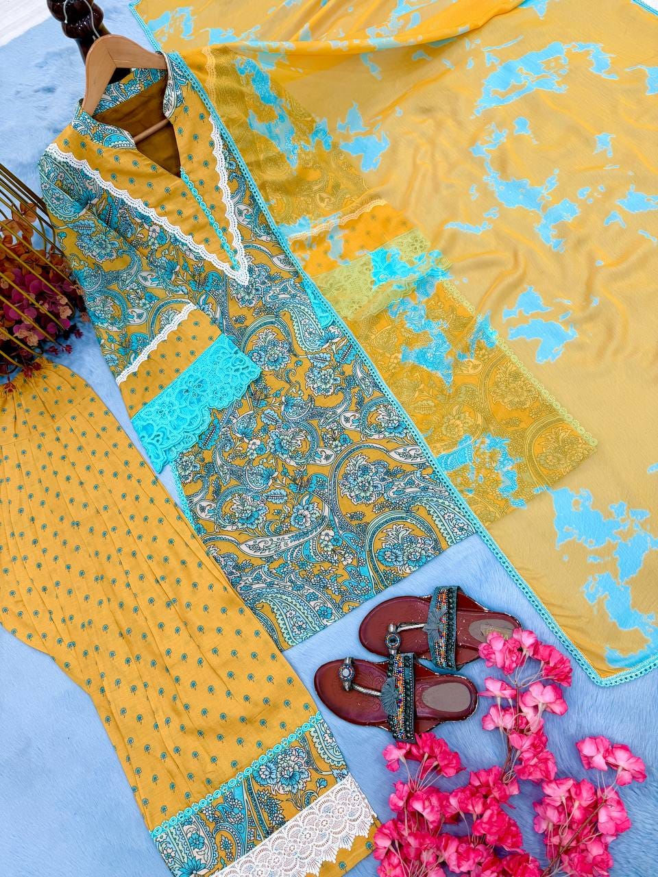 Designer Party Wear Look Pur Printed Cambric Cotton Top & Farshi Palazzo With Dupatta set