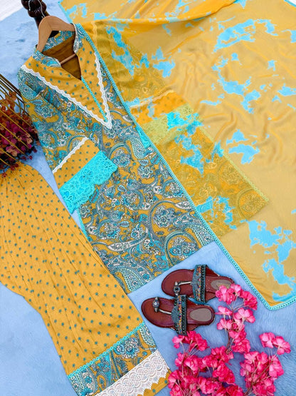 Designer Party Wear Look Pur Printed Cambric Cotton Top & Farshi Palazzo With Dupatta set