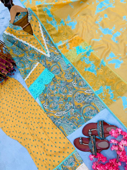 Designer Party Wear Look Pur Printed Cambric Cotton Top & Farshi Palazzo With Dupatta set