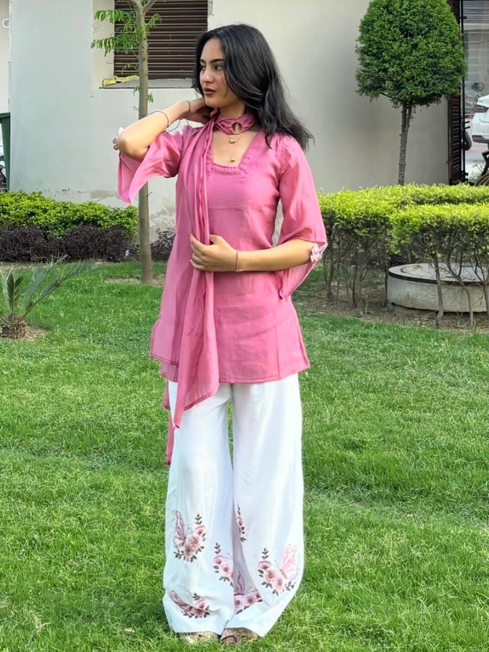 Designer Party Wear Look Pur Roman Silk Top Plazzo  & Dupatta set