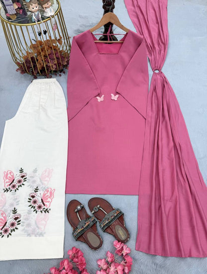 Designer Party Wear Look Pur Roman Silk Top Plazzo  & Dupatta set