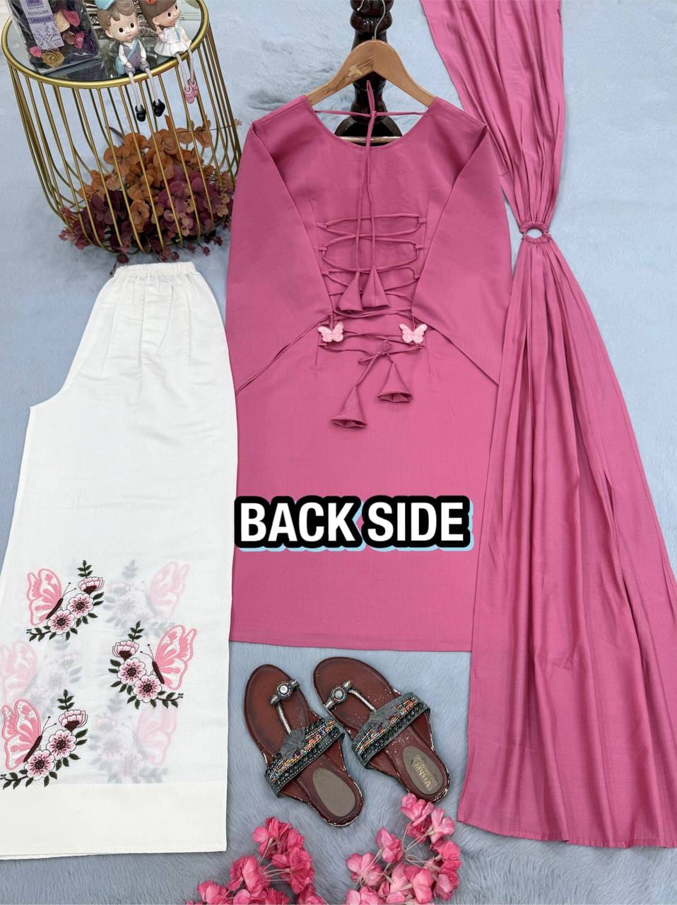 Designer Party Wear Look Pur Roman Silk Top Plazzo  & Dupatta set