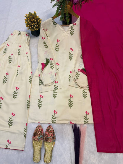 FANCY DESIGN COLLECTION 3 PIECE FANCY TOP WITH FARSHI SALWAR AND BEAUTIFUL DUPATTA