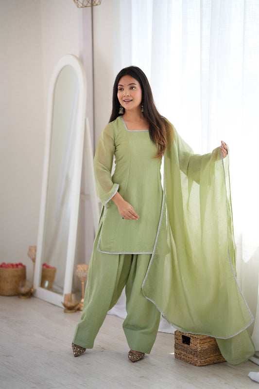 Designer Party Wear Look Crunchy Silk Top & Farshi Palazzo With Dupatta set