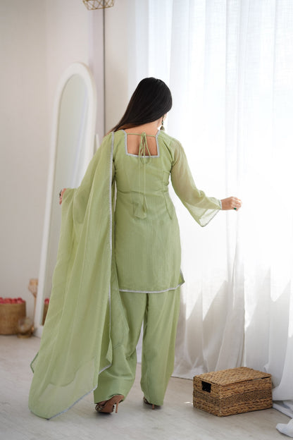 Designer Party Wear Look Crunchy Silk Top & Farshi Palazzo With Dupatta set