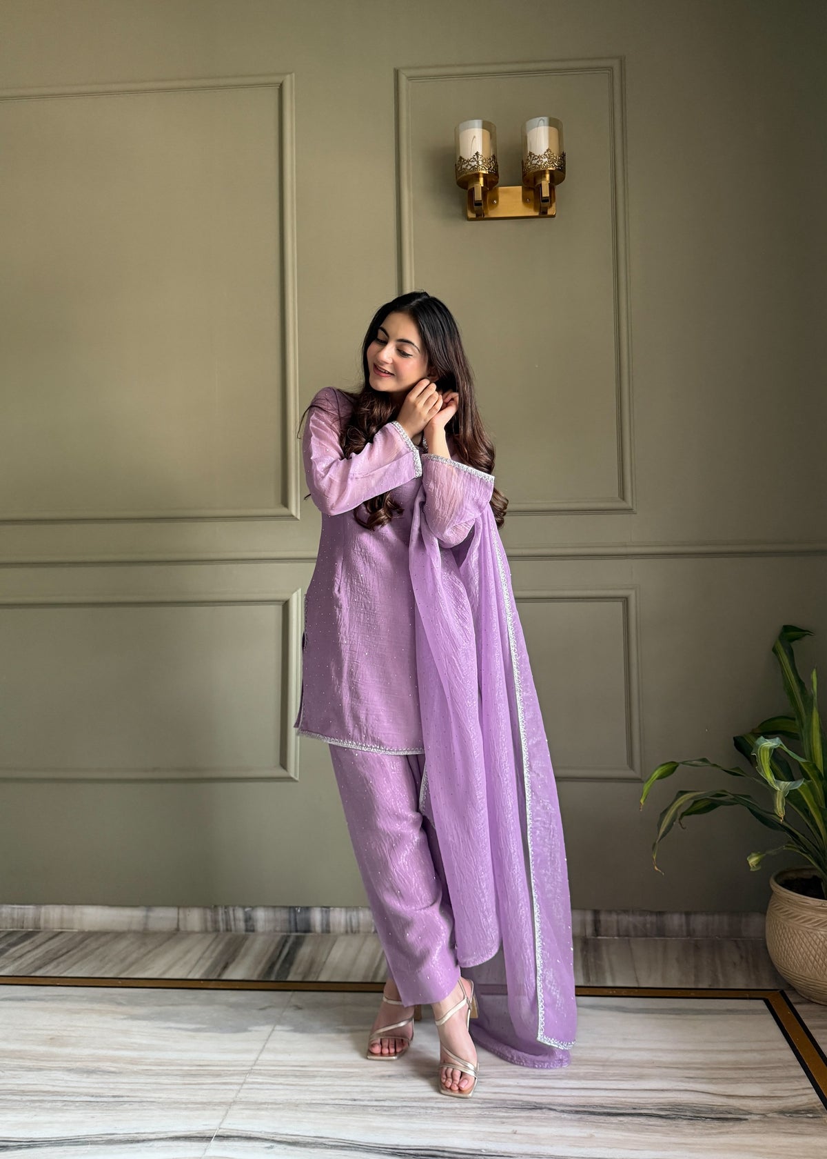 Designer Party Wear Look Crunchy Silk Top & Farshi Palazzo With Dupatta set