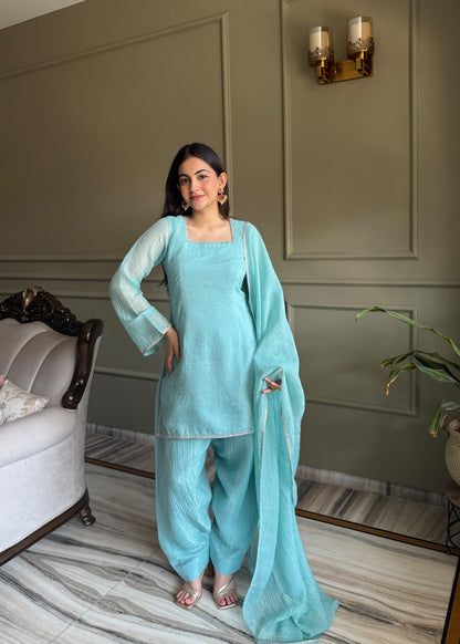 Designer Party Wear Look Crunchy Silk Top & Farshi Palazzo With Dupatta set