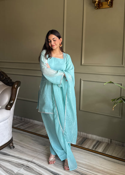Designer Party Wear Look Crunchy Silk Top & Farshi Palazzo With Dupatta set
