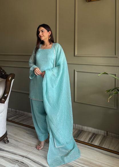 Designer Party Wear Look Crunchy Silk Top & Farshi Palazzo With Dupatta set