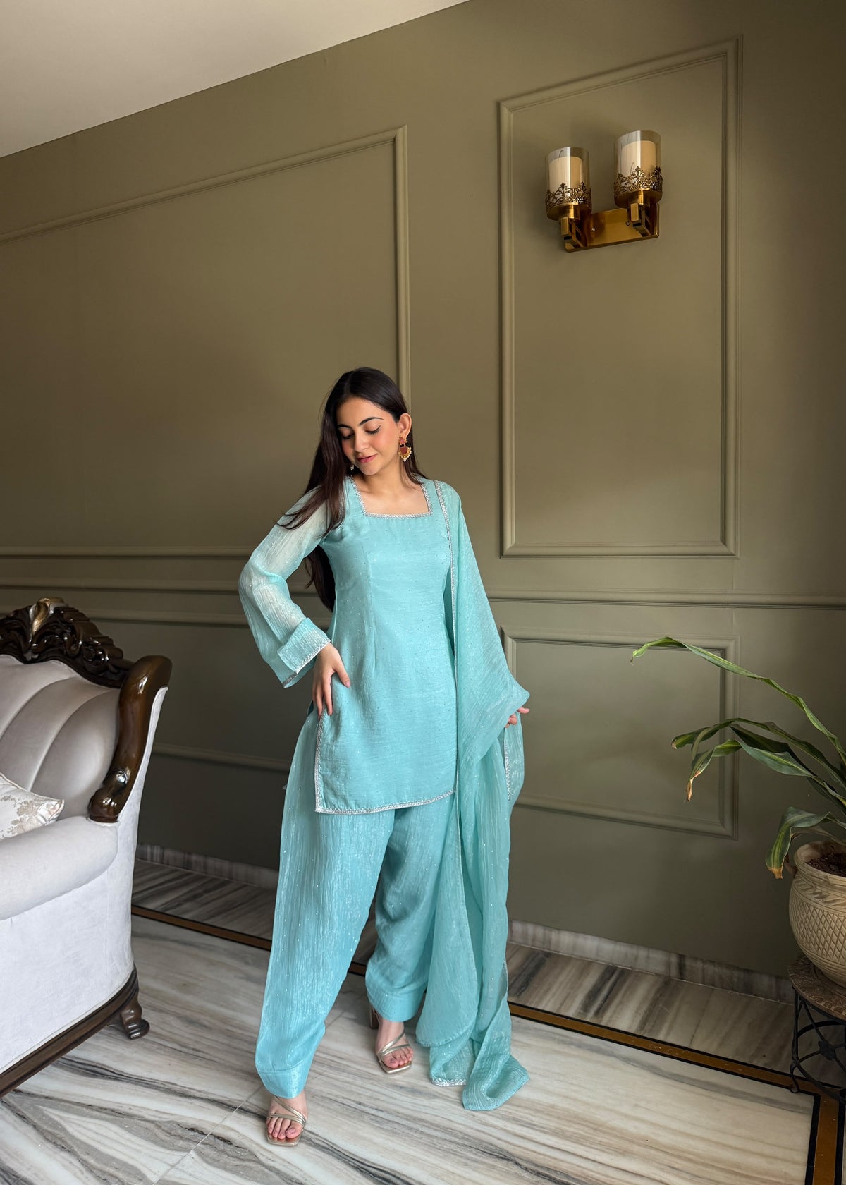 Designer Party Wear Look Crunchy Silk Top & Farshi Palazzo With Dupatta set