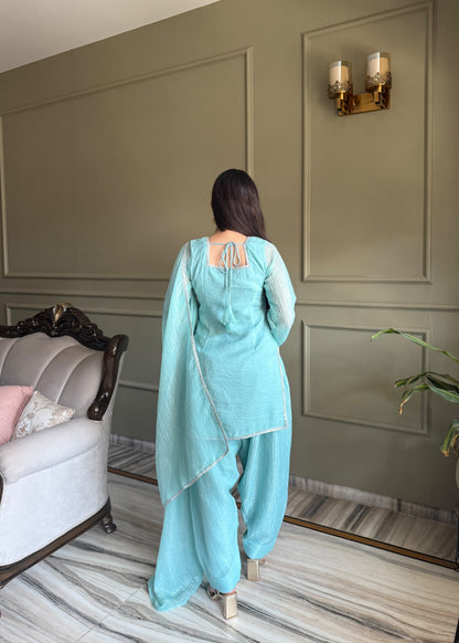 Designer Party Wear Look Crunchy Silk Top & Farshi Palazzo With Dupatta set