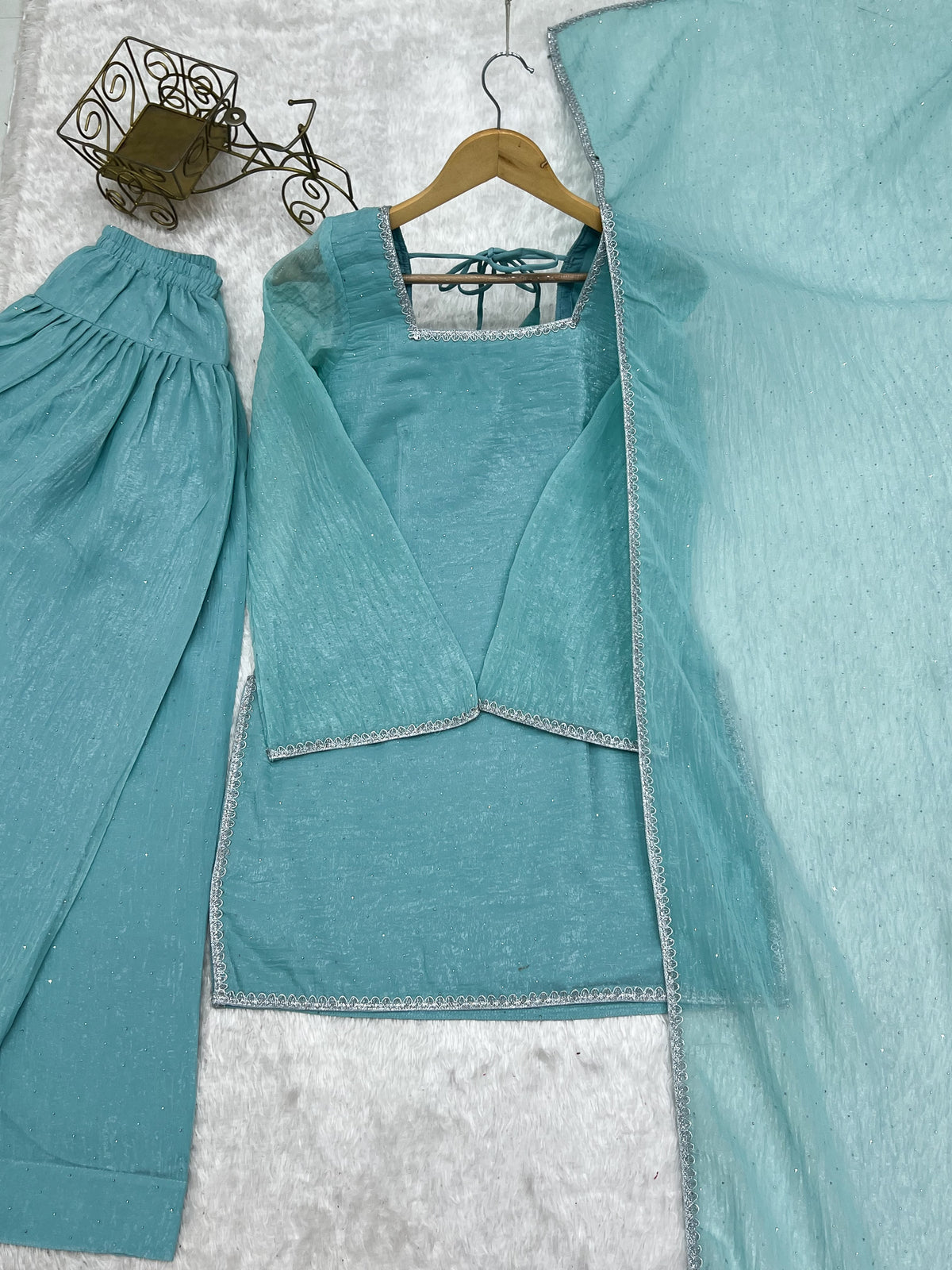 Designer Party Wear Look Crunchy Silk Top & Farshi Palazzo With Dupatta set