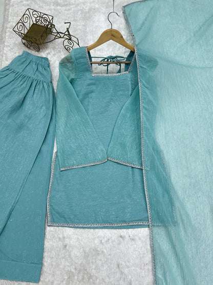 Designer Party Wear Look Crunchy Silk Top & Farshi Palazzo With Dupatta set