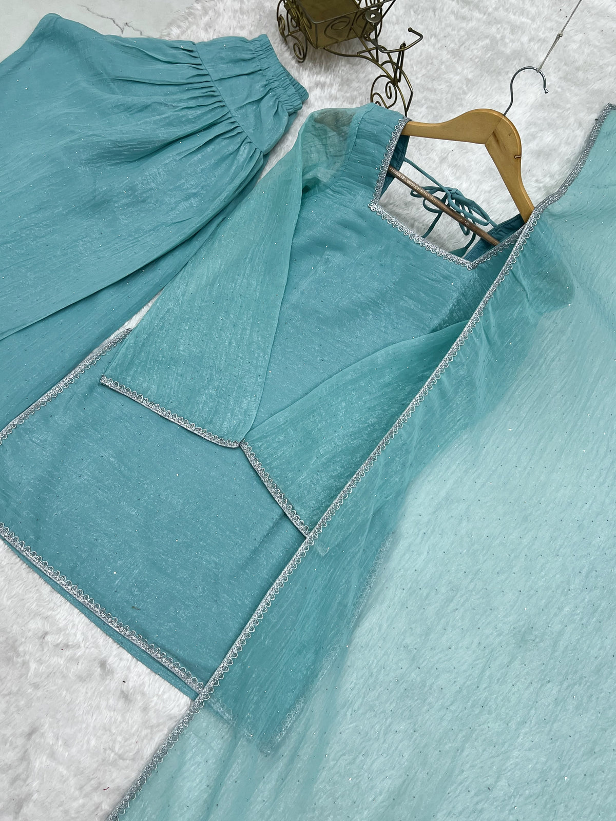 Designer Party Wear Look Crunchy Silk Top & Farshi Palazzo With Dupatta set