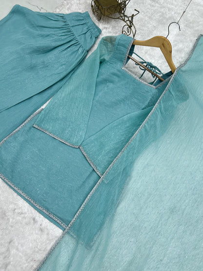 Designer Party Wear Look Crunchy Silk Top & Farshi Palazzo With Dupatta set