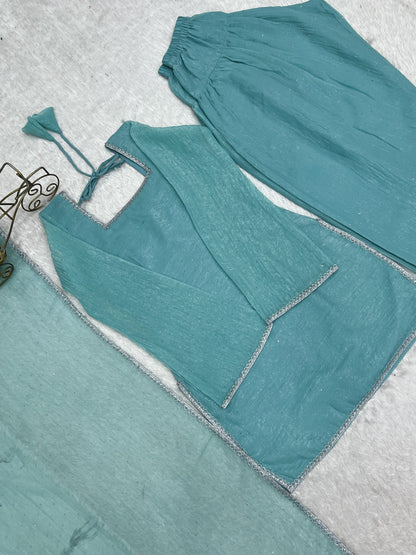 Designer Party Wear Look Crunchy Silk Top & Farshi Palazzo With Dupatta set