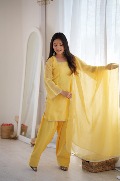 Designer Party Wear Look Crunchy Silk Top & Farshi Palazzo With Dupatta set