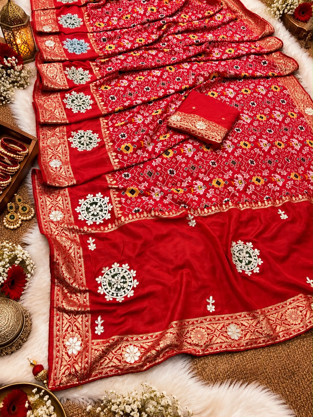 Red Color Saree with Unstitched Blouse
