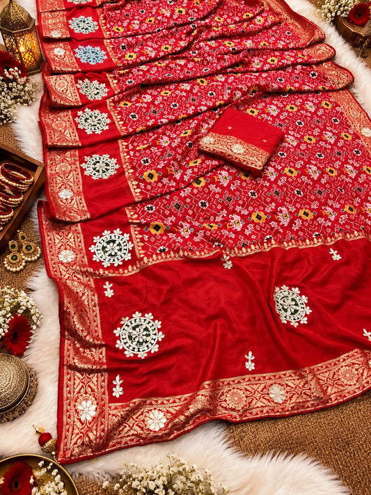 Red Color Saree with Unstitched Blouse