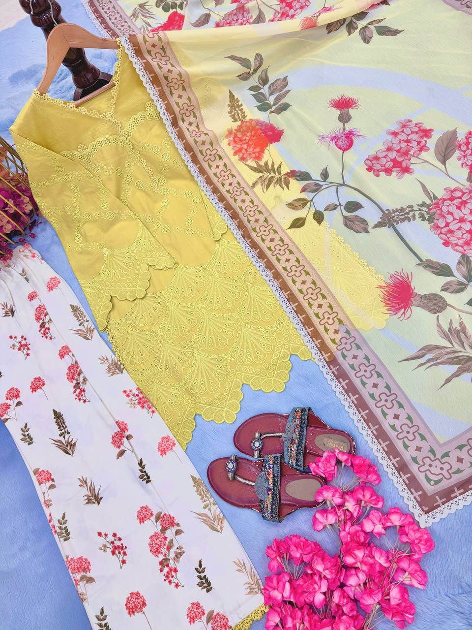Designer Party Wear Look Pur Printed Cambric Cotton Top & Palazzo With Dupatta set