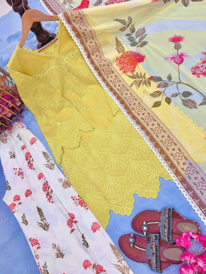 Designer Party Wear Look Pur Printed Cambric Cotton Top & Palazzo With Dupatta set