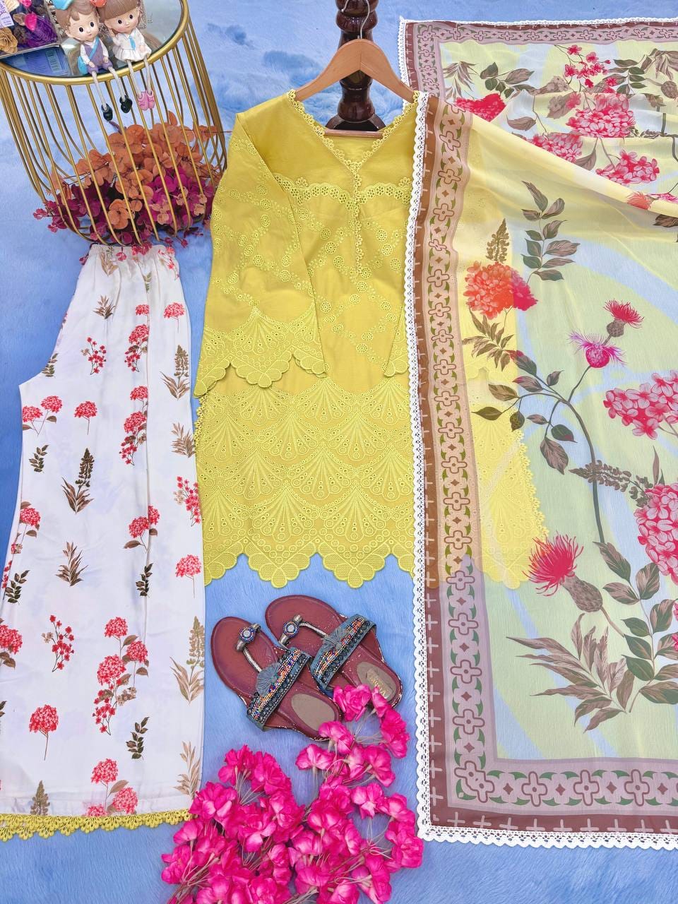 Designer Party Wear Look Pur Printed Cambric Cotton Top & Palazzo With Dupatta set