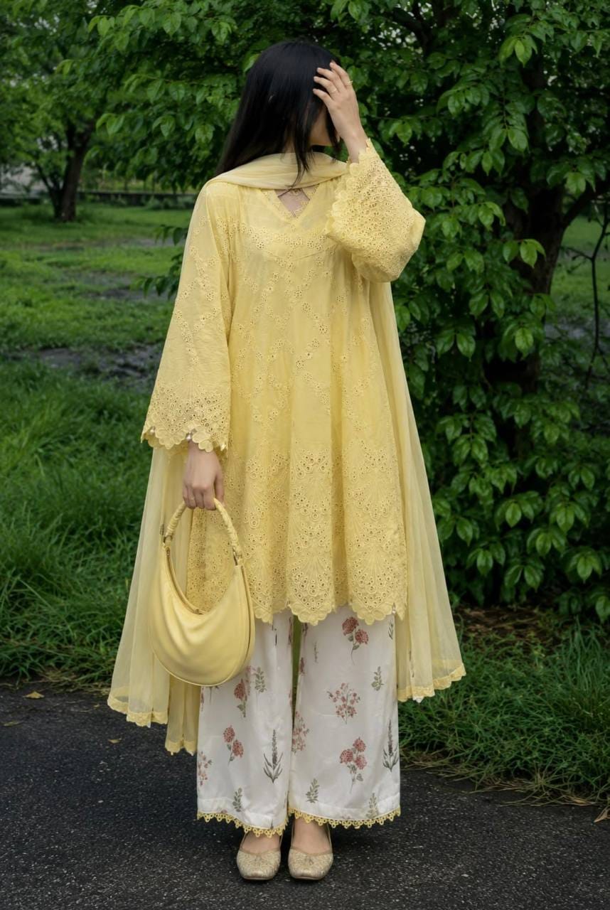 Designer Party Wear Look Pur Printed Cambric Cotton Top & Palazzo With Dupatta set