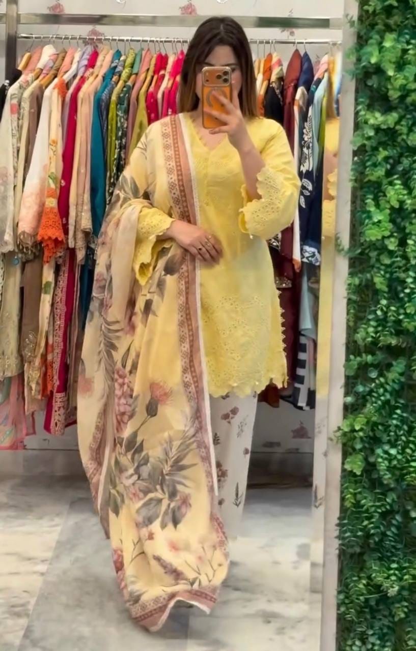 Designer Party Wear Look Pur Printed Cambric Cotton Top & Palazzo With Dupatta set