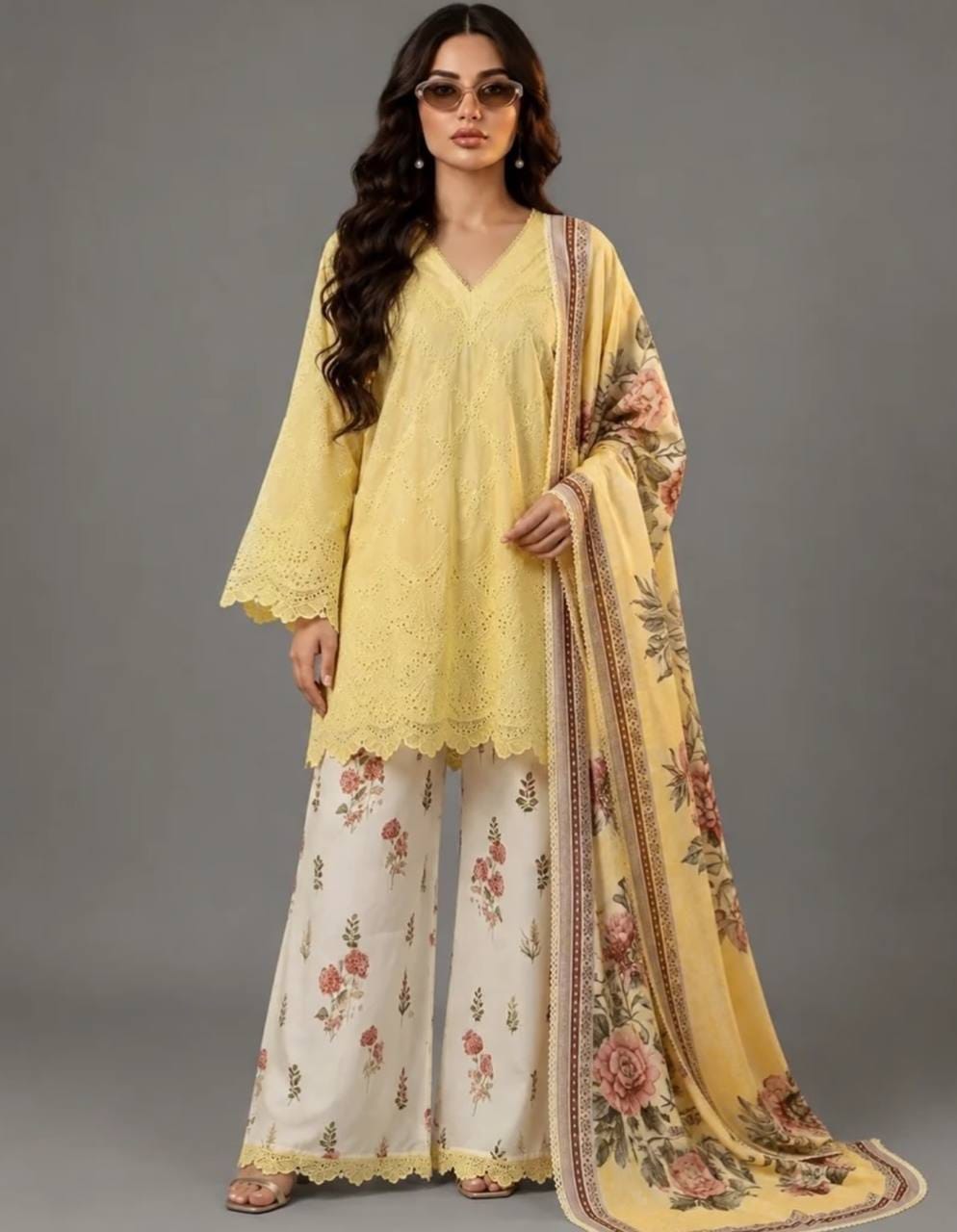 Designer Party Wear Look Pur Printed Cambric Cotton Top & Palazzo With Dupatta set
