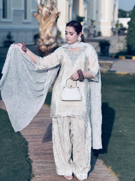 Designer Party Wear Look Pur Natural Crepe Top & Farshi Palazzo With Dupatta set