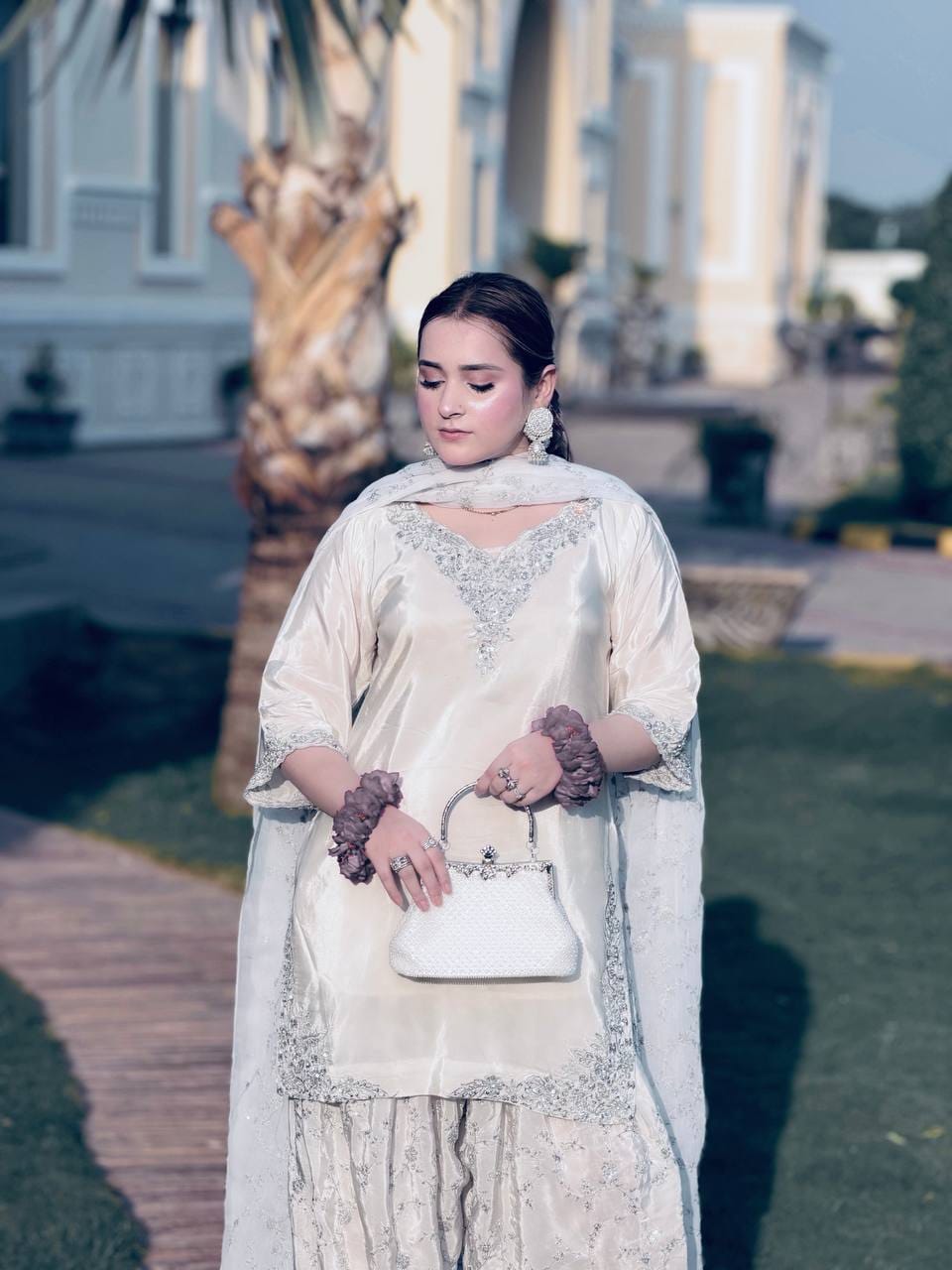 Designer Party Wear Look Pur Natural Crepe Top & Farshi Palazzo With Dupatta set