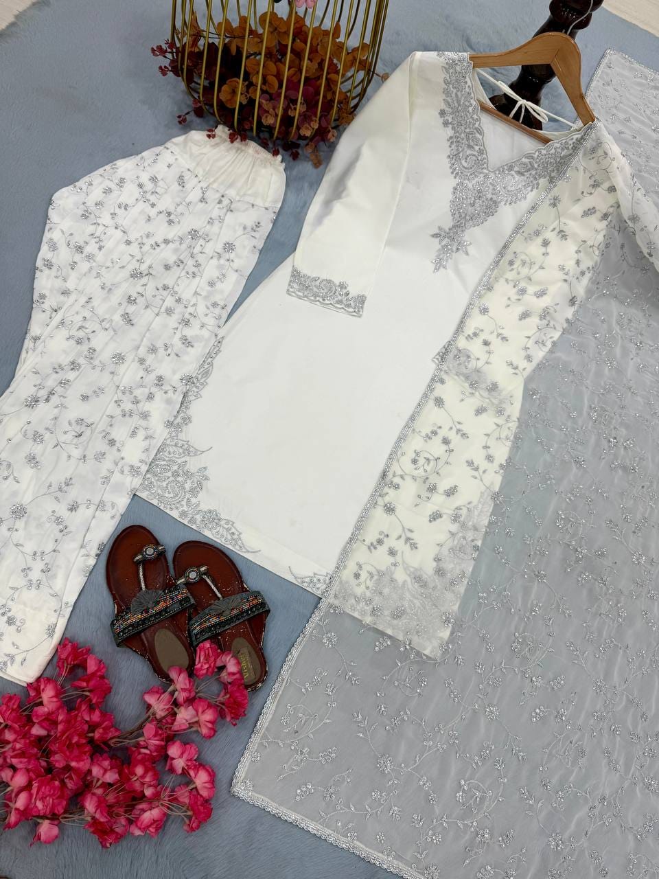 Designer Party Wear Look Pur Natural Crepe Top & Farshi Palazzo With Dupatta set