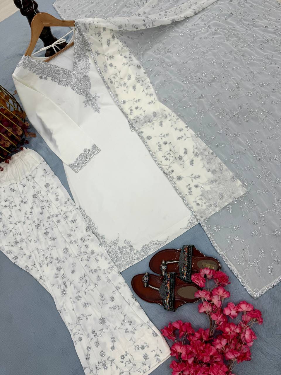 Designer Party Wear Look Pur Natural Crepe Top & Farshi Palazzo With Dupatta set