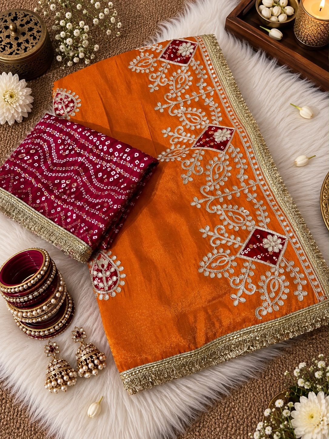 Cosmos Silk Jaipuri Gotapatti work Saree with Unstitched Blouse