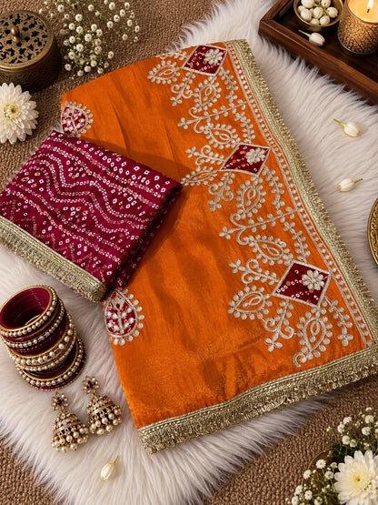 Cosmos Silk Jaipuri Gotapatti work Saree with Unstitched Blouse