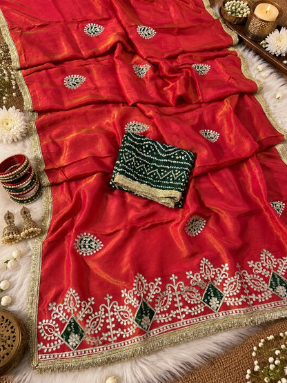 Cosmos Silk Jaipuri Gotapatti work Saree with Unstitched Blouse
