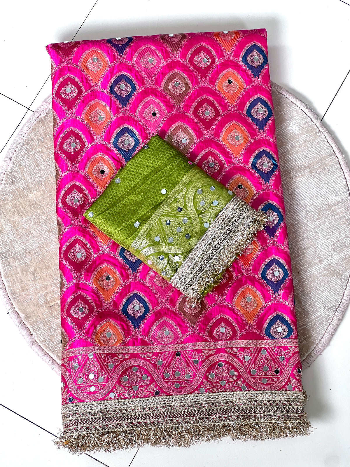 Rangkart Silk Real Mirror Work and Jaipuri Border Saree