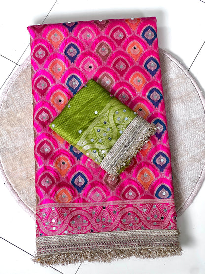 Rangkart Silk Real Mirror Work and Jaipuri Border Saree