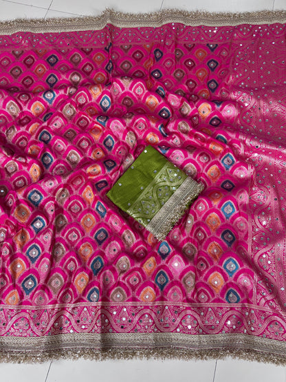 Rangkart Silk Real Mirror Work and Jaipuri Border Saree