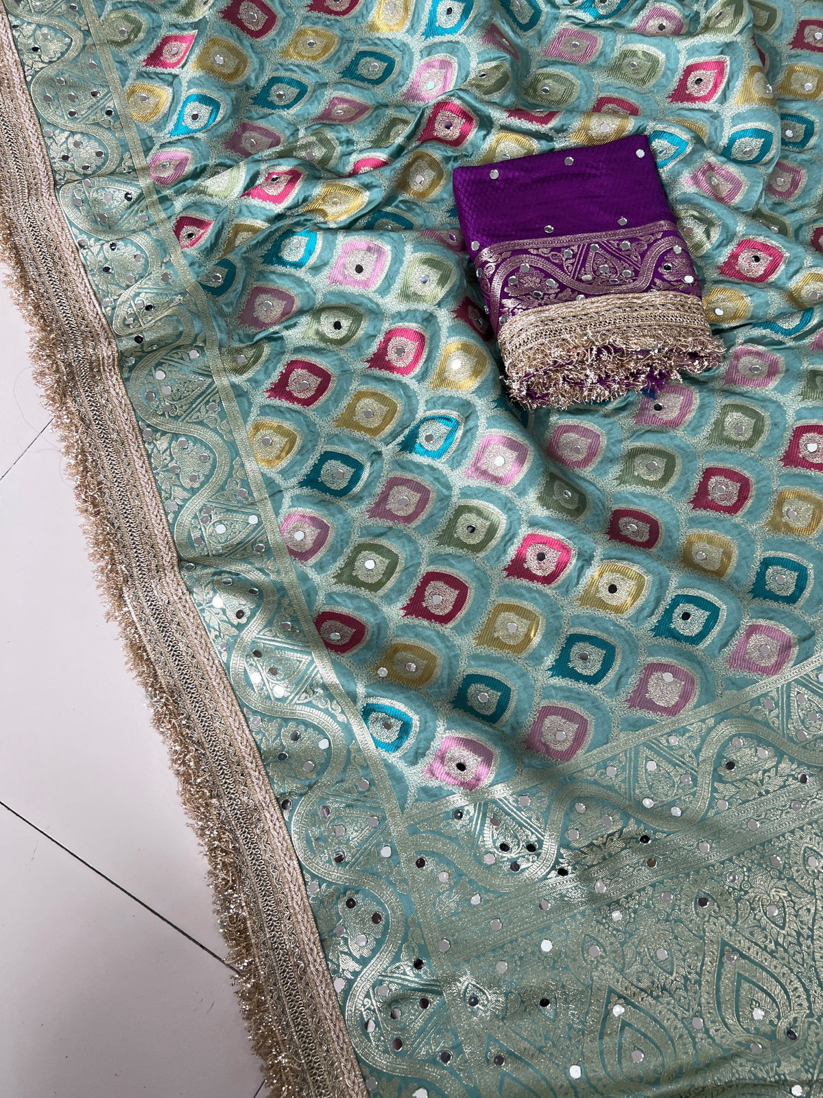 Rangkart Silk Real Mirror Work and Jaipuri Border Saree
