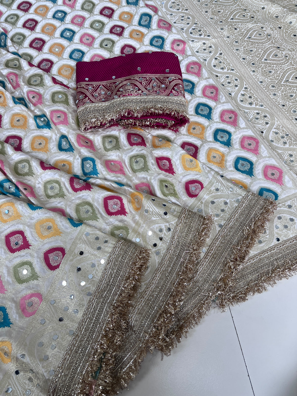 Rangkart Silk Real Mirror Work and Jaipuri Border Saree
