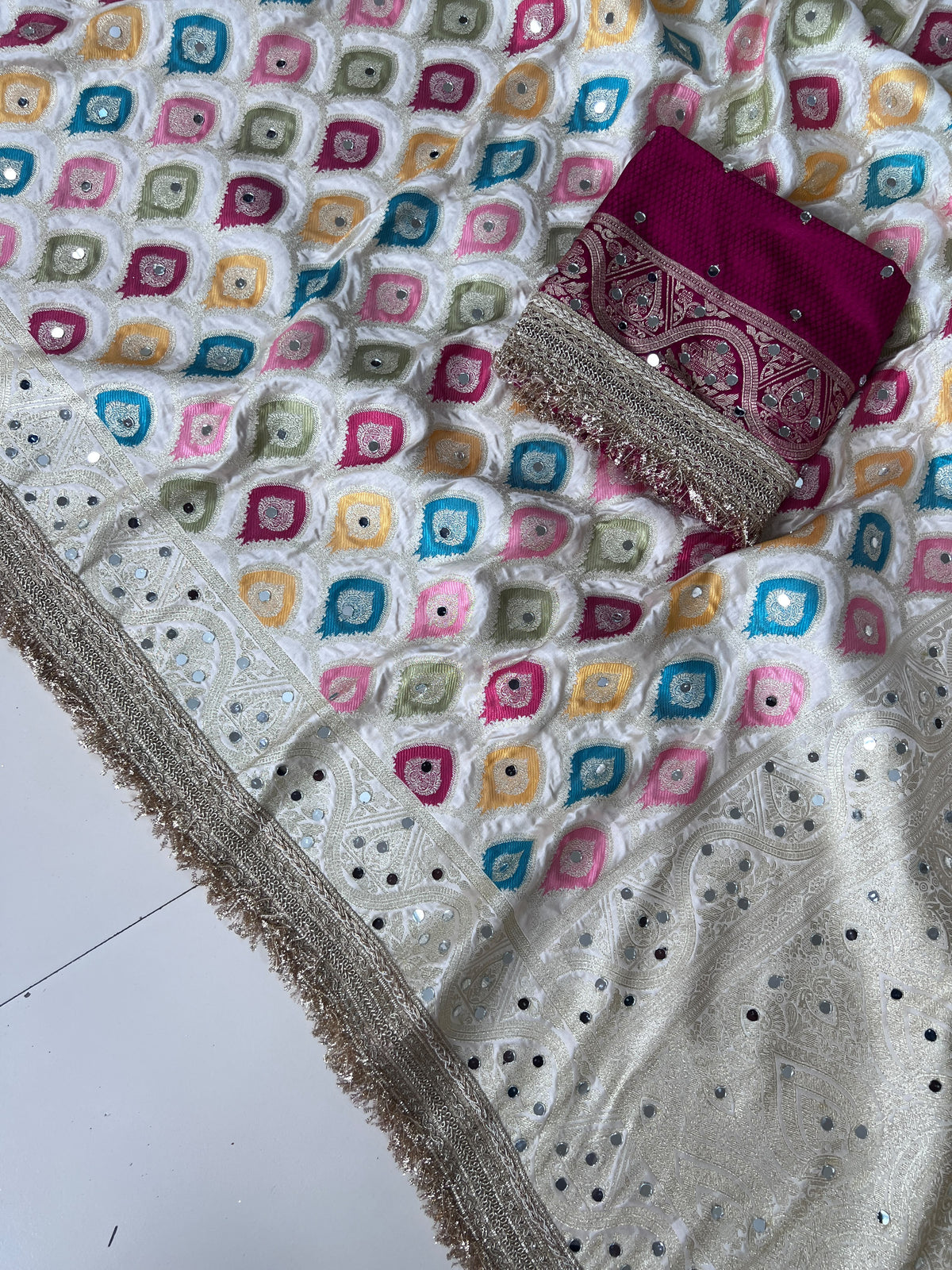 Rangkart Silk Real Mirror Work and Jaipuri Border Saree